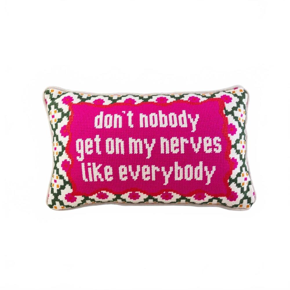 NEW FURBISH STUDIO get on my nerves needlepoint pillow in pink